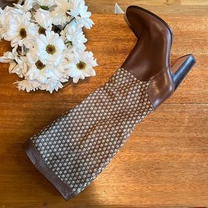 Tory Burch Knee High Boots Tan Leather Printed Cow Suede Shaft with Stacked Heel